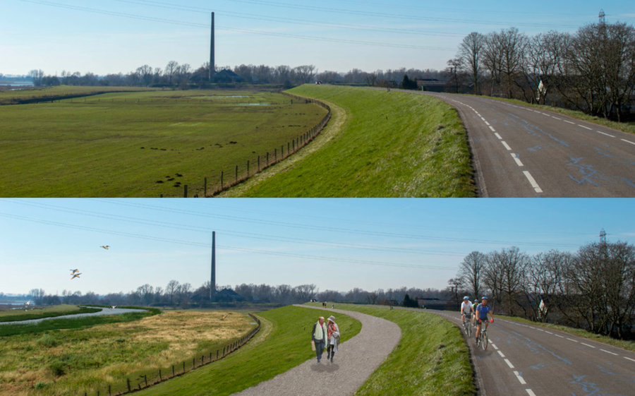 Visualisatie de huidige dijk en de nieuwe situatie.